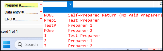 Preparer # drop list on screen 1